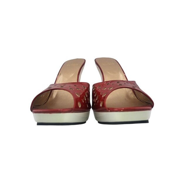 Stuart Weitzman Red Patent Leather Perforated Platform High Heel Mules 7.5 Peep - Picture 2 of 9